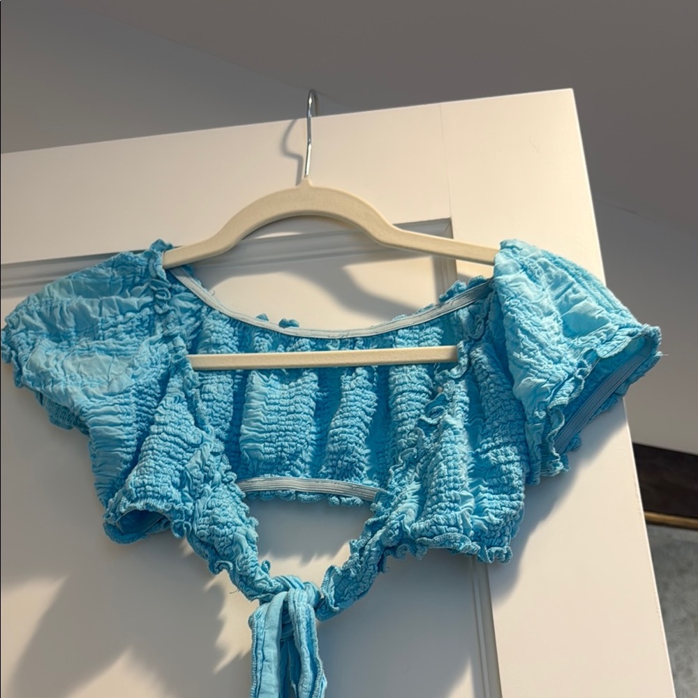 Blue Smocked Ribbed Crop Top